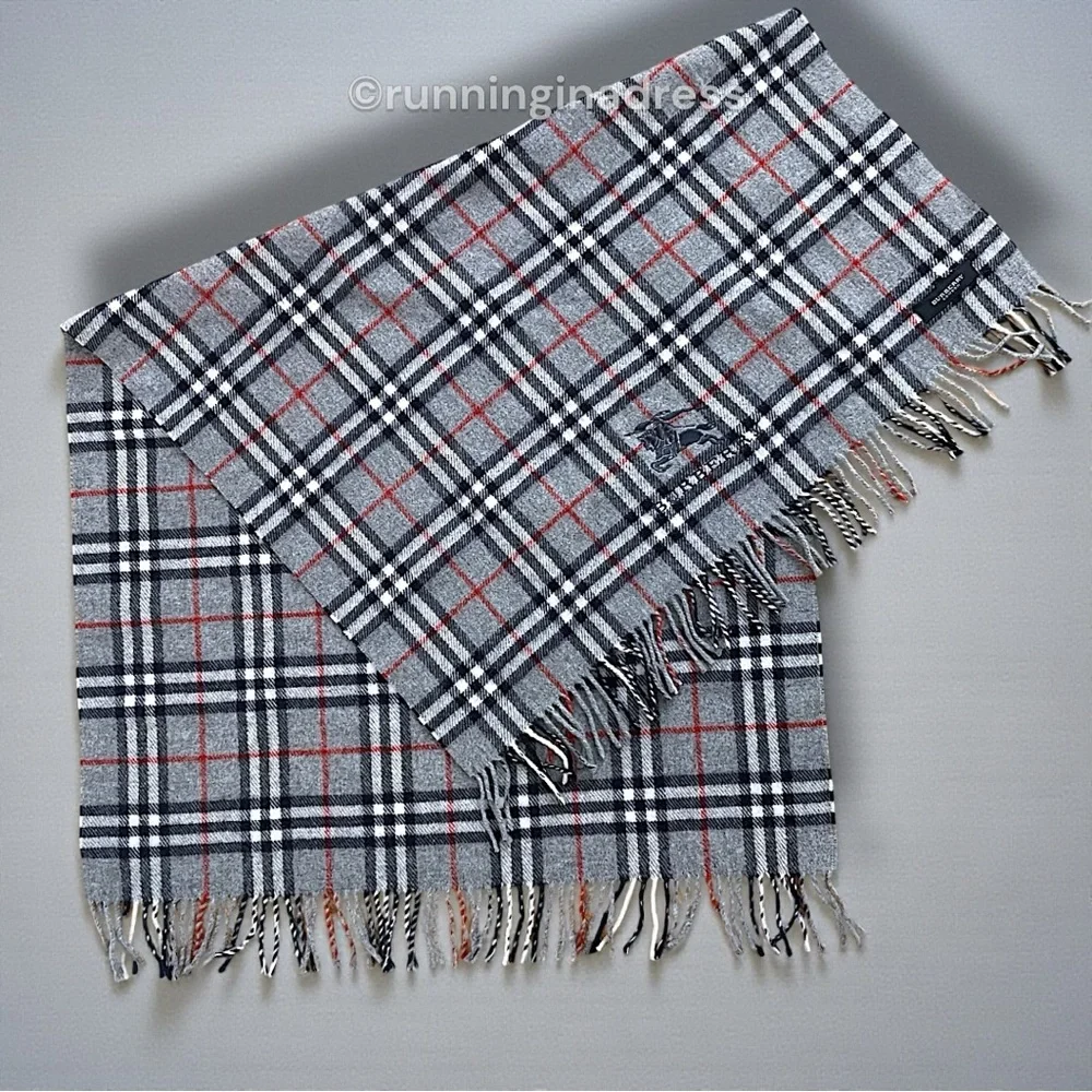 Vintage Burberry Nova Check Blanket Scarf Equestrian Knight Logo Grey Navy Blue